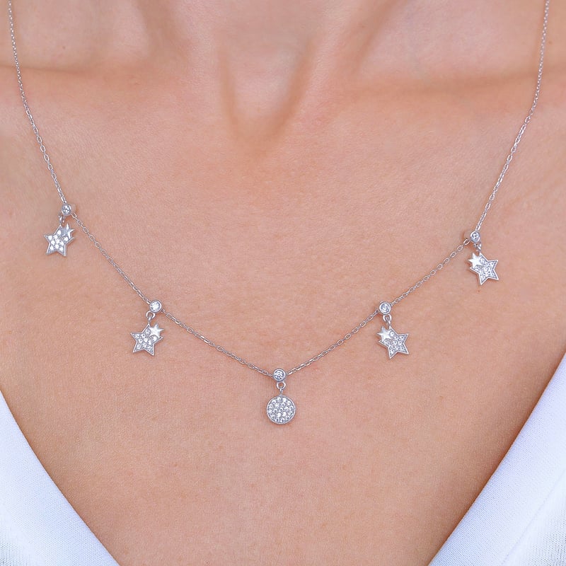 Işıltılı Yıldızlar Choker Gümüş Şans Kolye