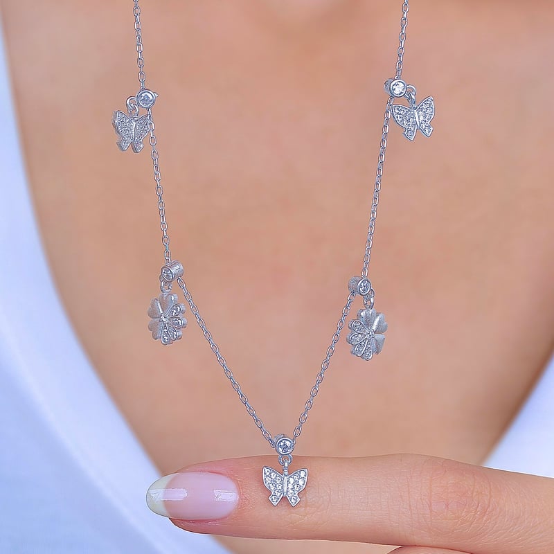 Kelebek Bahçesi Choker Gümüş Şans Kolye