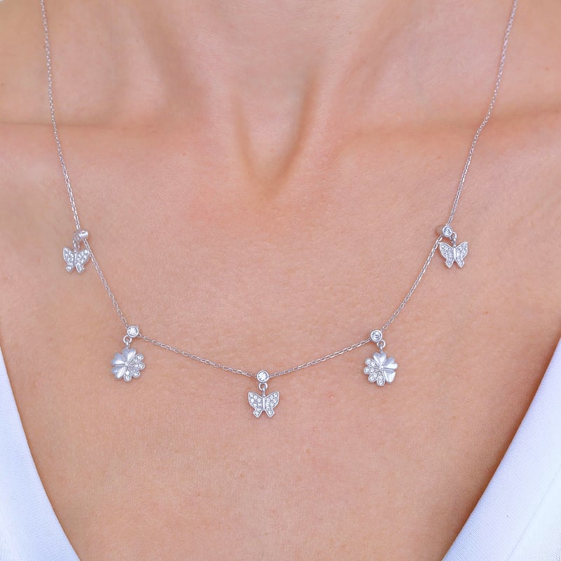 Kelebek Bahçesi Choker Gümüş Şans Kolye