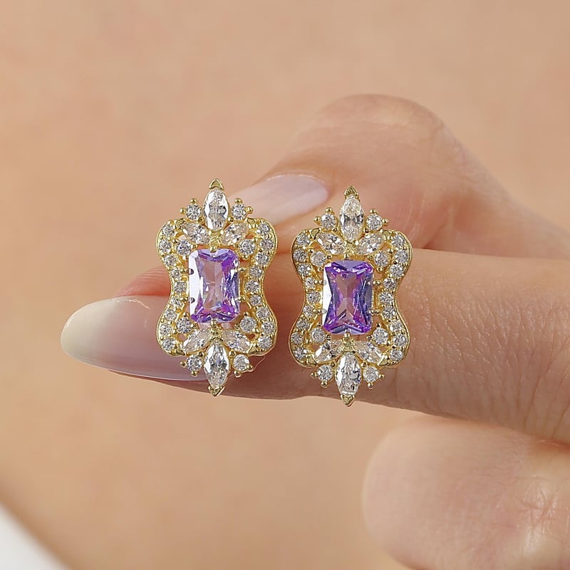 Lila Taşlı Işıltı Klasiği Gold Renk Vintage Gümüş Küpe
