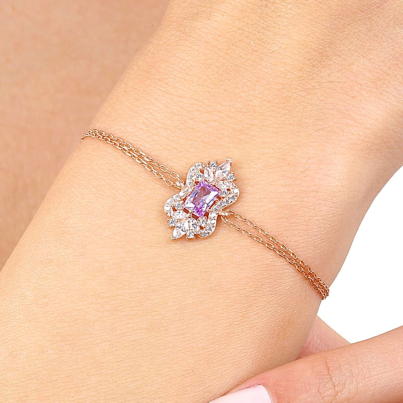 Lila Taşlı Işıltı Klasiği Rose Renk Vintage Gümüş Mini Set
