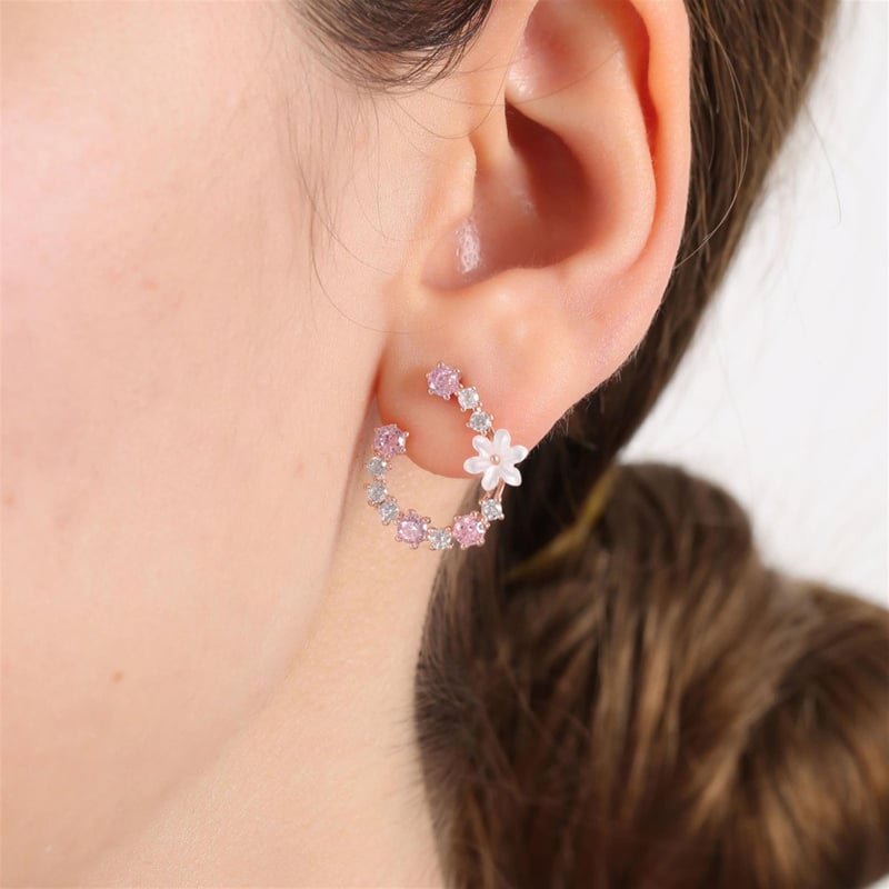 Manolya Çiçeği Pink Taşlı Düşler Işıltısı Rose Renk Flowers Gümüş Küpe