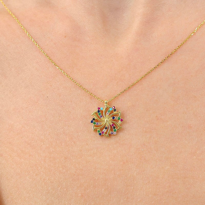Mix Taşlı Lotus Yansıması Gold Renk Gümüş Kolye