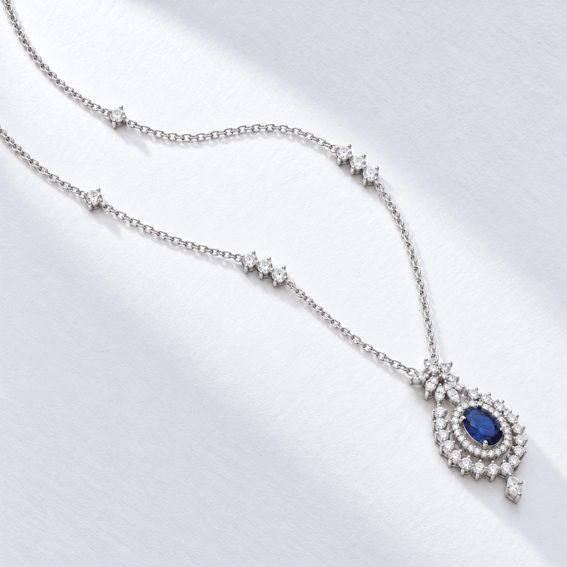 Oval Tılsımı Safir Rengi Gümüş Kolye