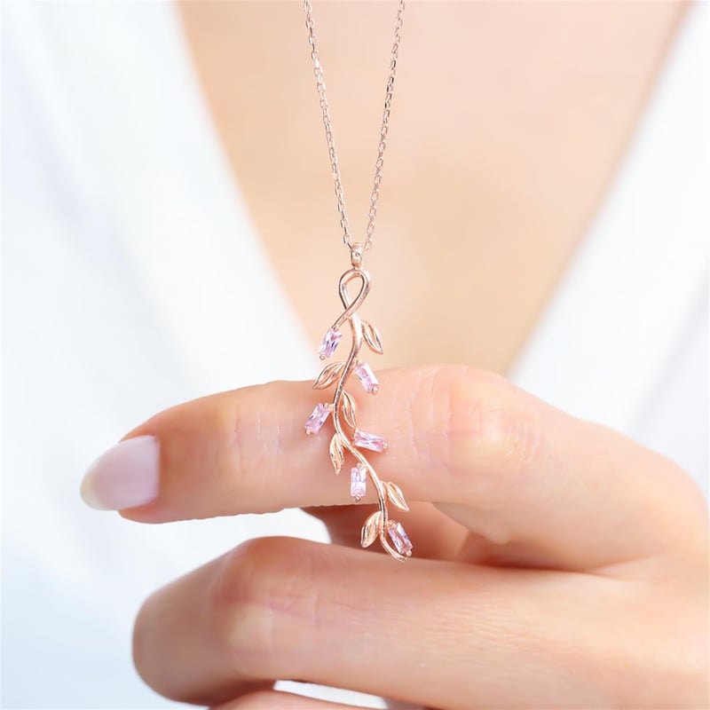 Pembe Baget Taşlı Zeytin Dalı Rose Renk Gümüş Kolye
