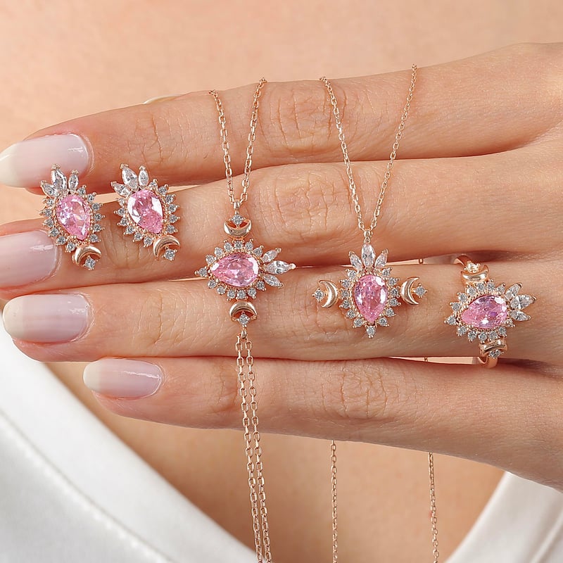 Pink Taşlı Hanedanlık Güneşi Rose Renk Vintage Gümüş Mini Set