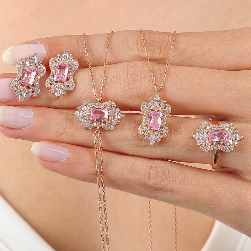 Pink Taşlı Işıltı Klasiği Rose Renk Vintage Gümüş Mini Set