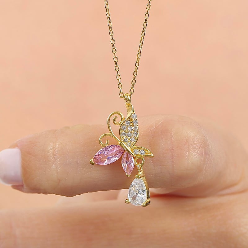 Pink Taşlı Kelebek Parıltısı Gold Renk Gümüş Kolye
