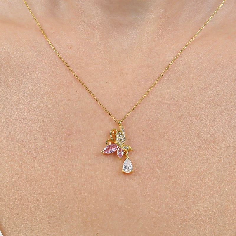 Pink Taşlı Kelebek Parıltısı Gold Renk Gümüş Kolye