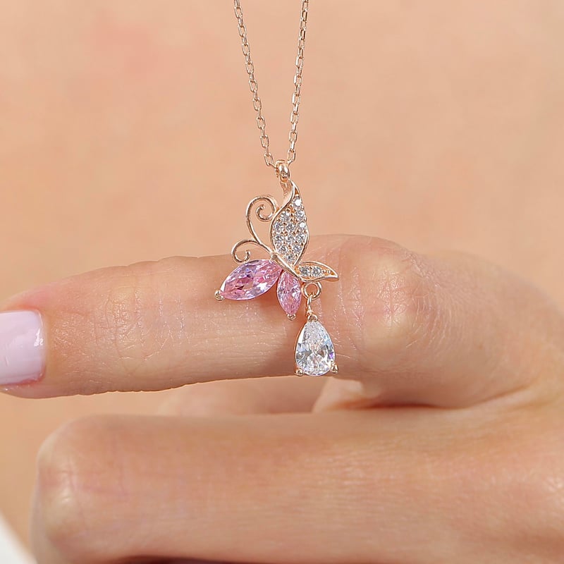 Işıltılı Kelebek Parıltısı Rose Renk Gümüş Kolye