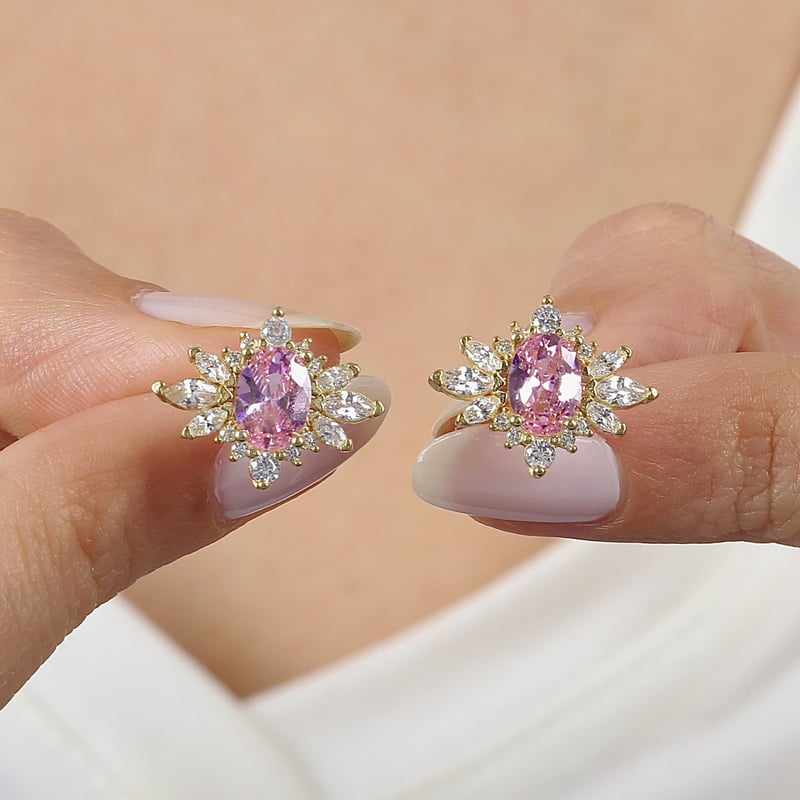 Pink Taşlı Prenses Yıldızı Gold Renk Vintage Gümüş Küpe