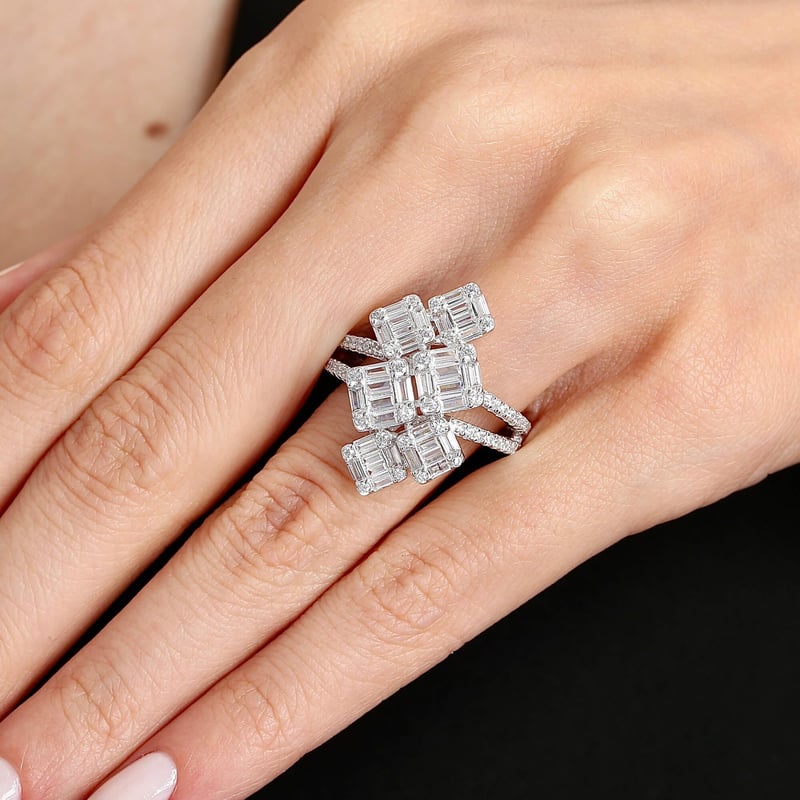 Pırlanta Montür Baget Çiçeği Gümüş Yüzük