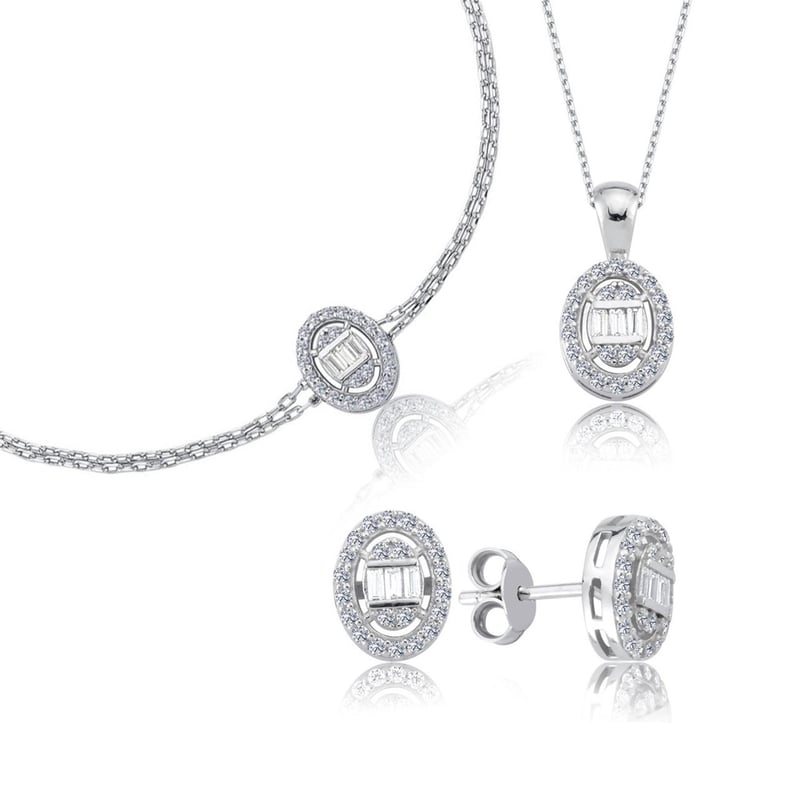 Pırlanta Montür Baget Oval Üçlü Gümüş Mini Set