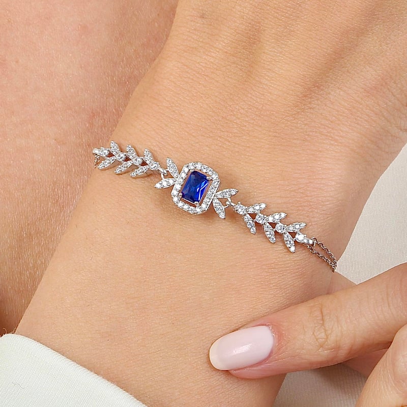 Pırlanta Montür Emerald Buketi Sentetik Safir Gümüş Bileklik