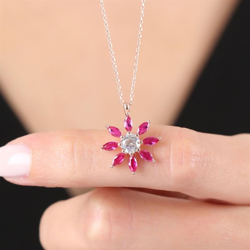 Pırlanta Montür Fuşya Güneşi Rose Renk Gümüş Kolye