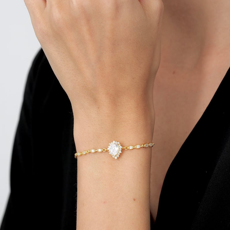 Pırlanta Montür Gold Renk Prenses Işıltısı Gümüş Bileklik