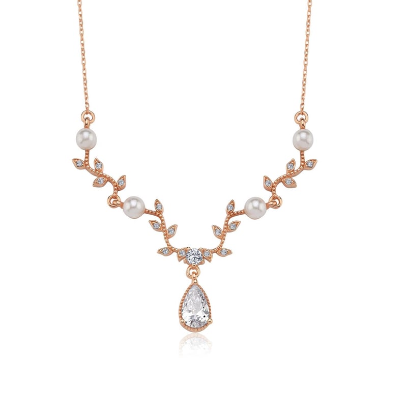 Pırlanta Montür İnci Baharı Rose Renk Flowers Gümüş Kolye