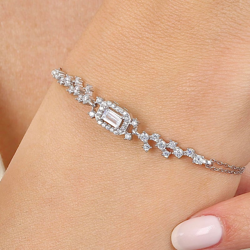 Pırlanta Montür Işıltılı Emerald Üçlü Gümüş Set