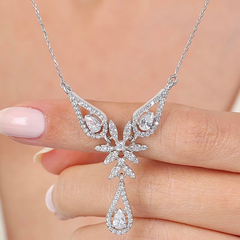 Pırlanta Montür Mini Tutkulu Damlalar Gümüş Kolye