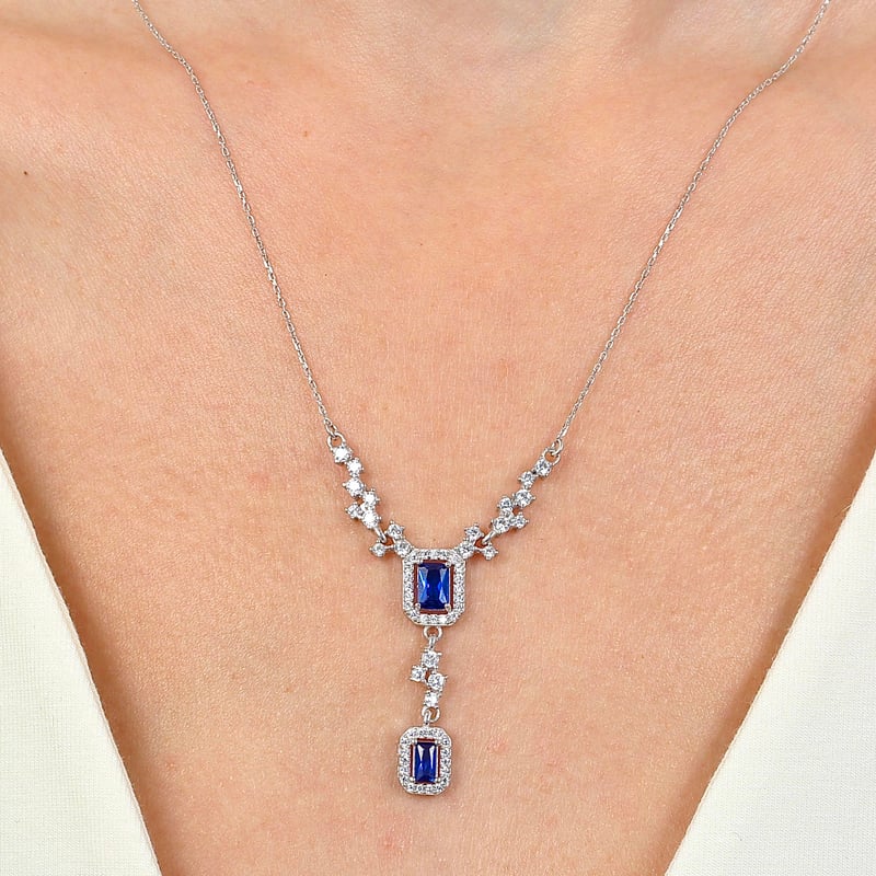 Pırlanta Montür Mutluluk Işıltısı Sentetik Safir Gümüş Kolye