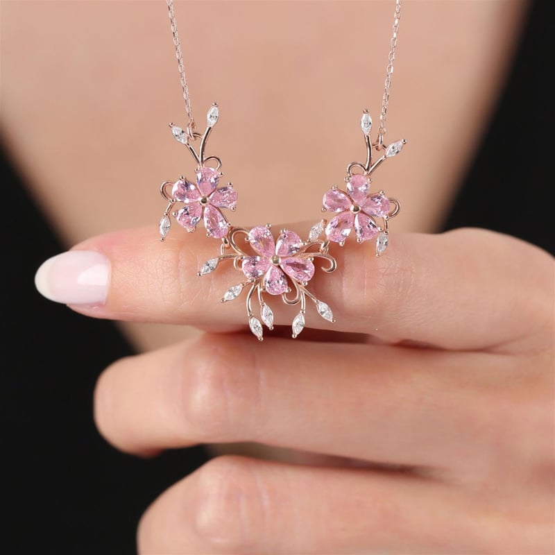 Pırlanta Montür Pink Taşlı Gül Rüyası Rose Renk Flowers Gümüş Kolye