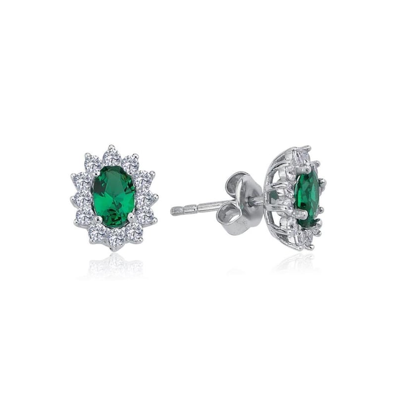 Pırlanta Montur Sentetik Oval Zümrüt Gümüş Küpe