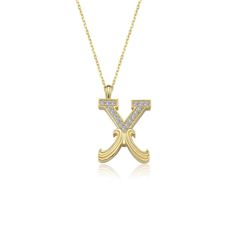 Pırlanta Montür Vintage X Harfi Gold Renk Gümüş Kolye