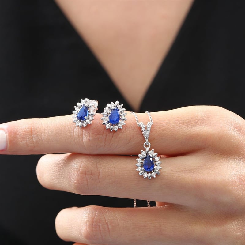 Pırlanta Montür Yağmur Tanesi Sentetik Safir Sadelik Mührü Gümüş Mini Set