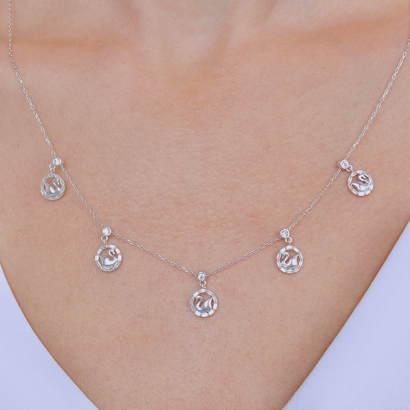 Zarif Kuğular Choker Gümüş Şans Kolye