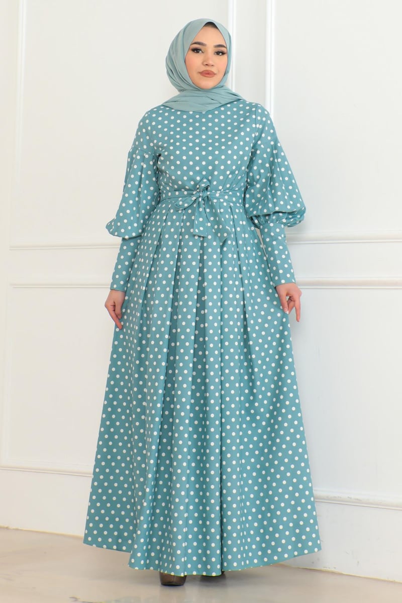 Kemerli Puantiyeli Elbise Mint 6129