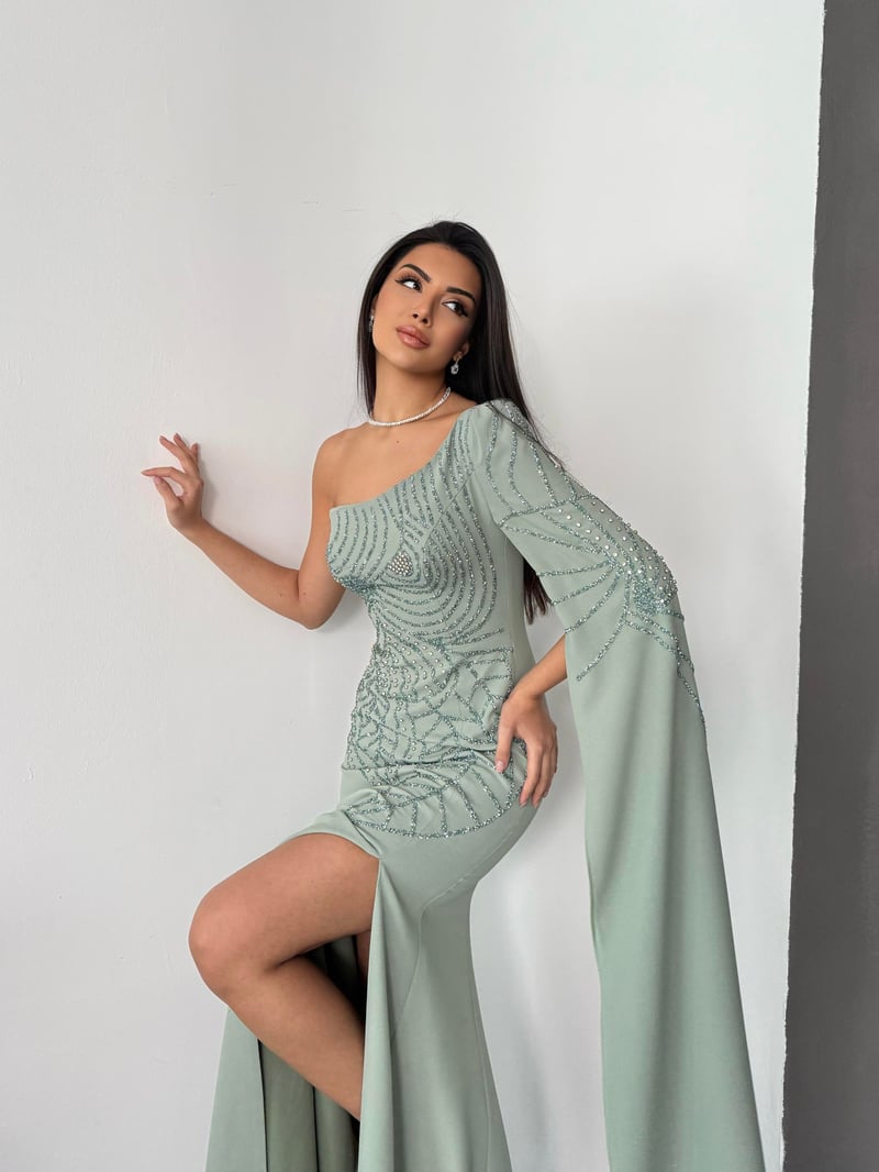Tek Omuz Detay Taşlı Krep Şık Abiye Elbise - Mint Yeşili