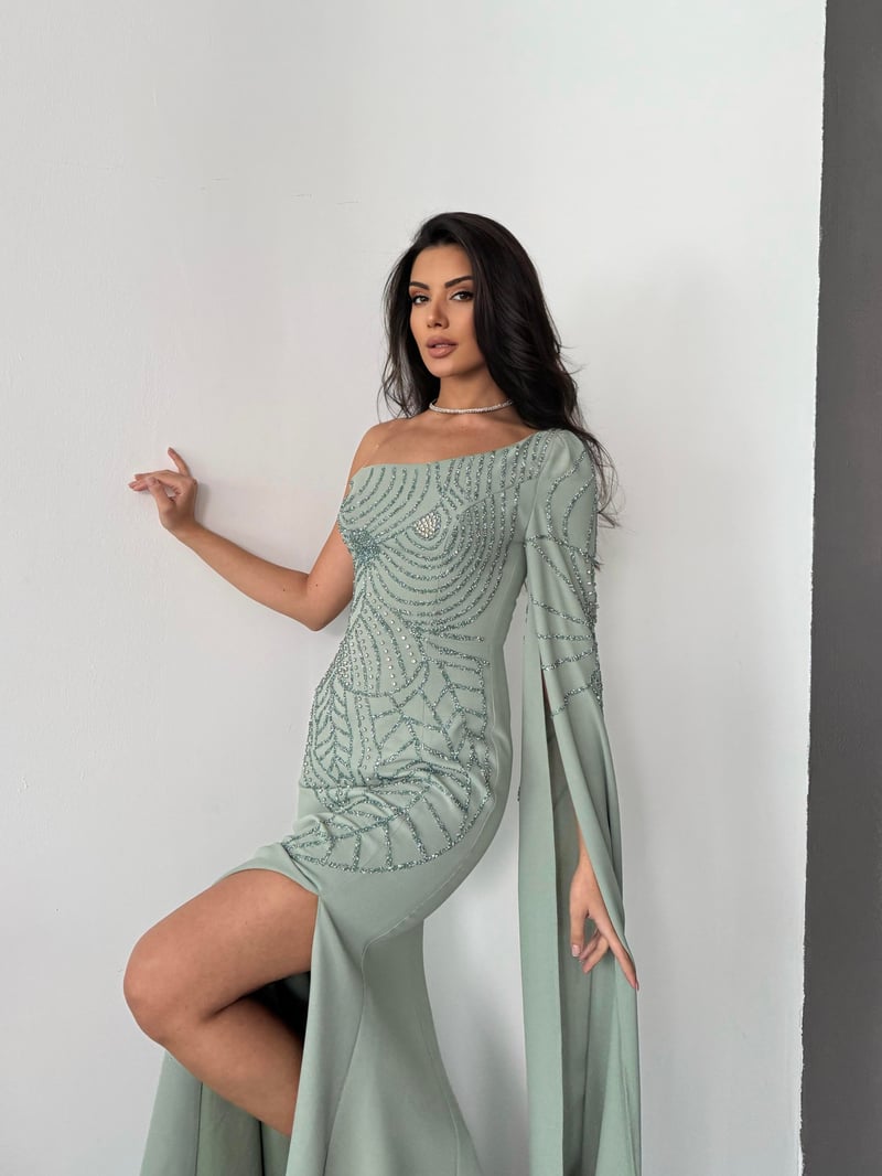 Tek Omuz Detay Taşlı Krep Şık Abiye Elbise - Mint Yeşili