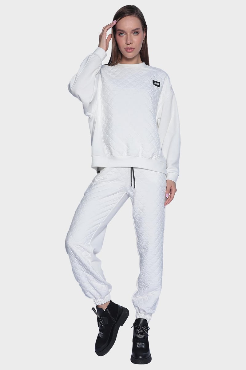 Kadın spor tarz kapitone sweatshirt ve eşofman altı takım - Beyaz