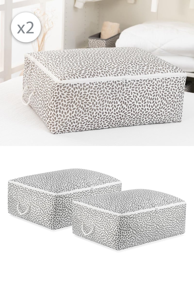 Rek Home 2'li Büyük Boy Baza Altı Gri Yaprak Baskılı Hurç Set / 62x46x22