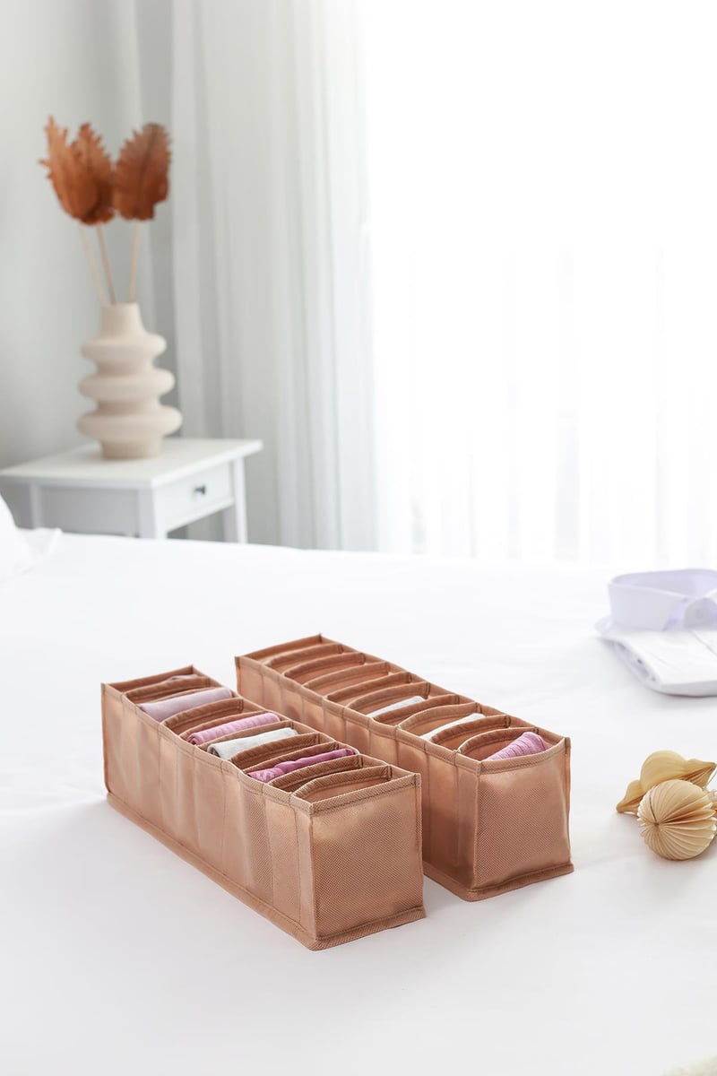 Rek Home 2'li Set Bej 10 Bölmeli Dolap Çekmece İçi Akordiyon Tipi Katlanır Çamaşır Düzenleyici Organizer