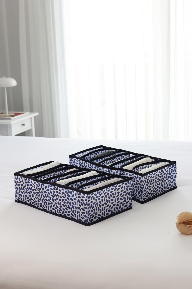 Rek Home 2'li Set Yaprak Lacivert 7 Bölmeli Dolap Çekmece İçi Akordiyon Tipi Katlanır Çamaşır Düzenleyici Organizer