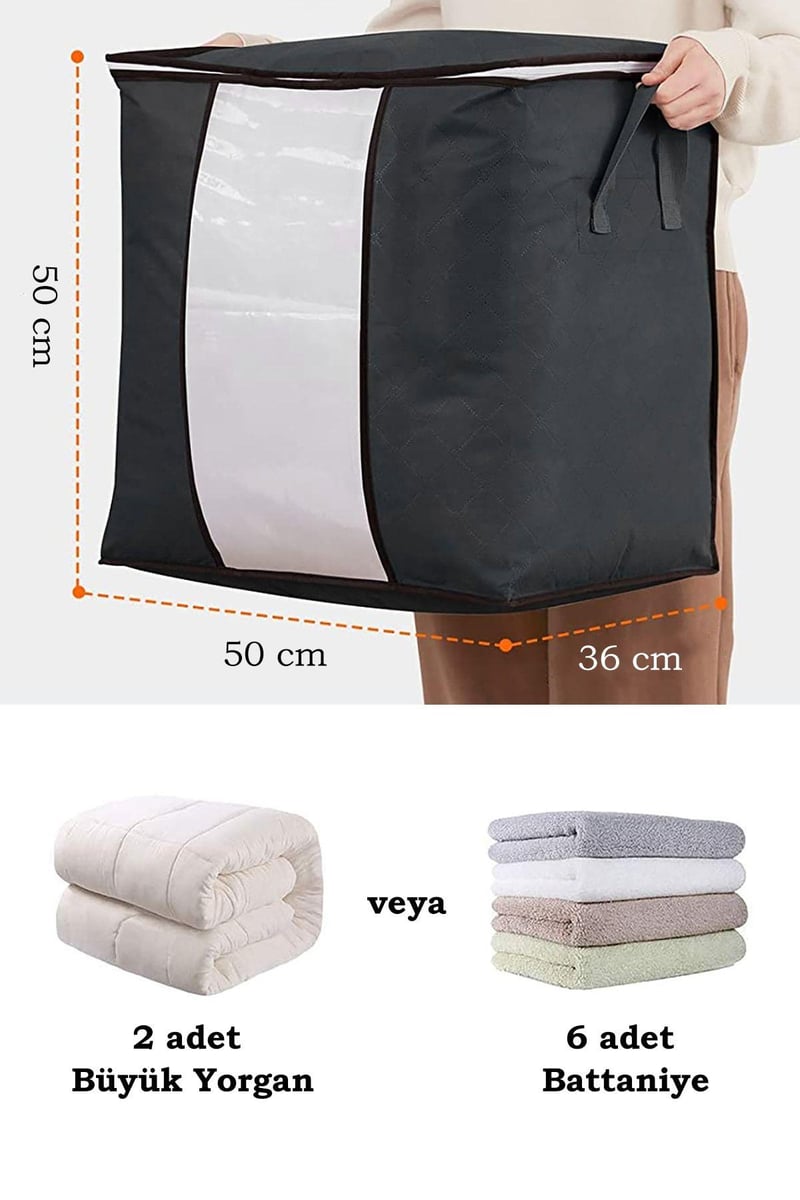 Rek Home 3 Adet Pencereli Siyah Yastık Yorgan Kazak Hurcu / 50x50x36