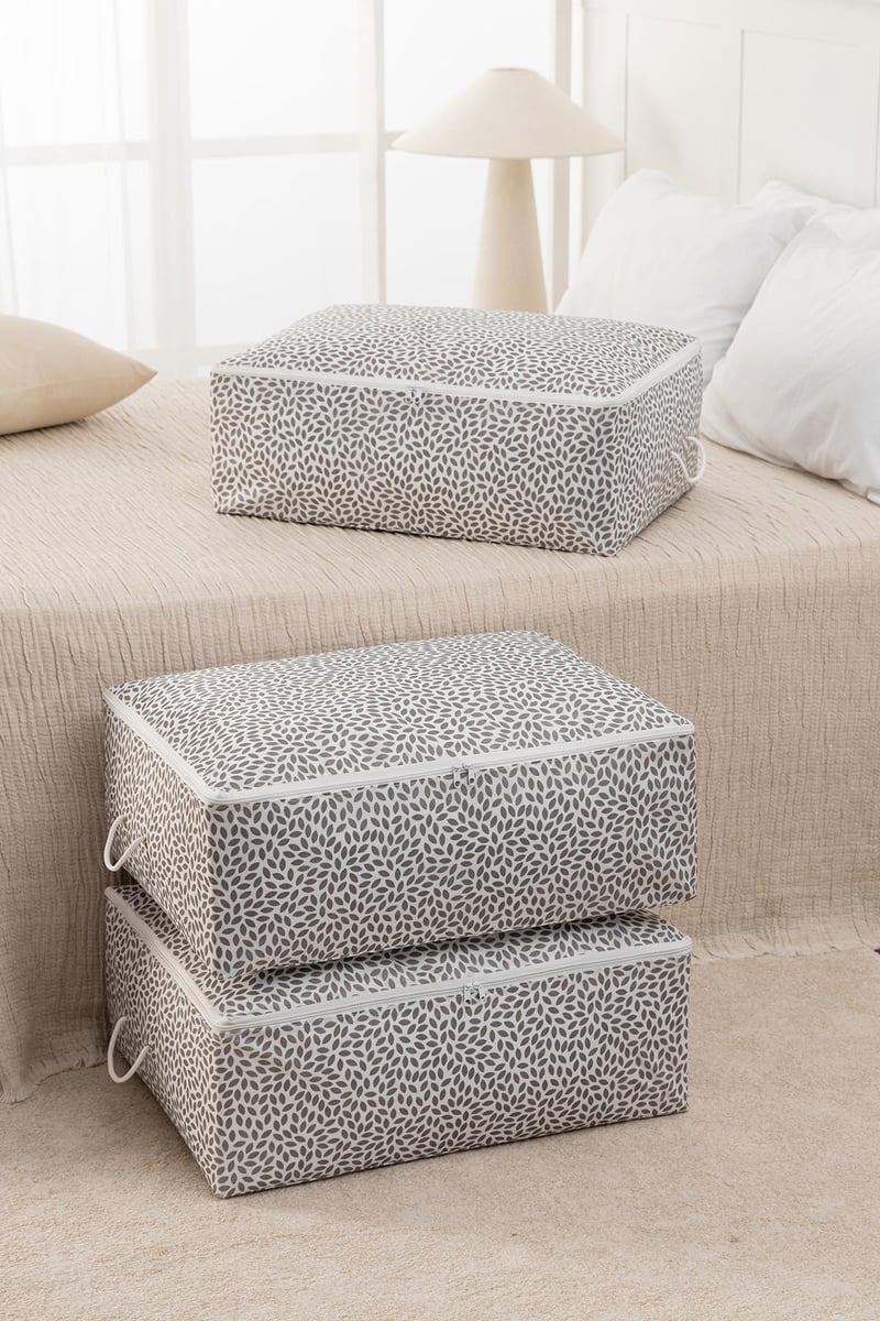 Rek Home 3'lü Büyük Boy Baza Altı Gri Yaprak Baskılı Hurç Set / 62x46x22
