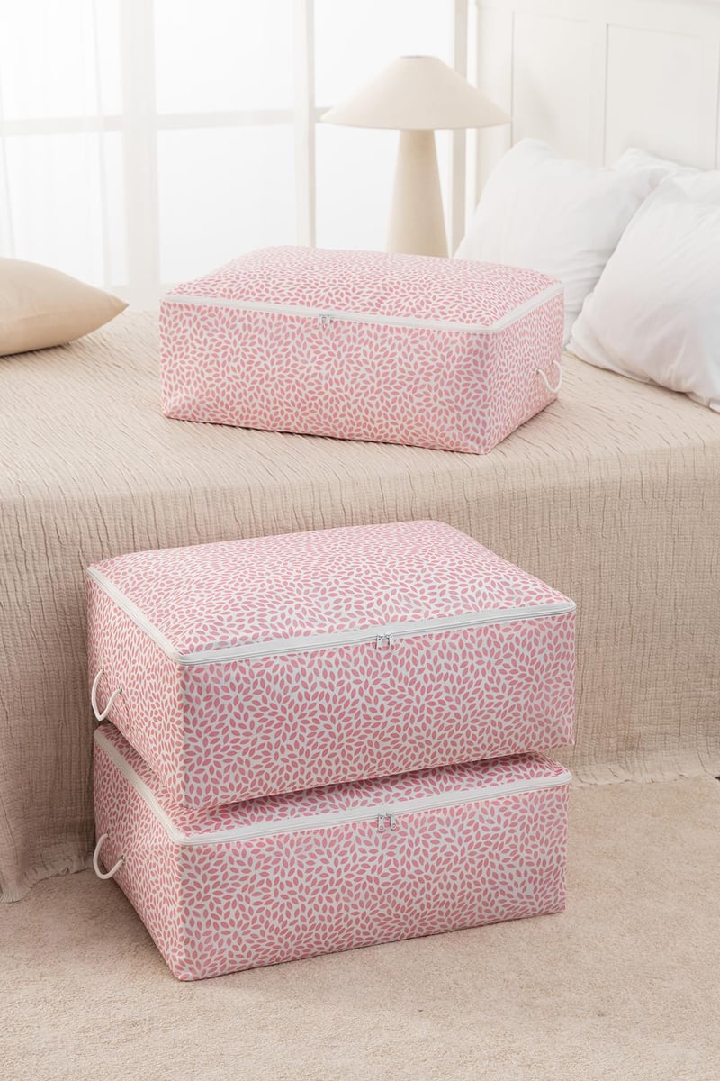Rek Home 3'lü Büyük Boy Baza Altı Pudra Yaprak Baskılı Hurç Set / 62x46x22
