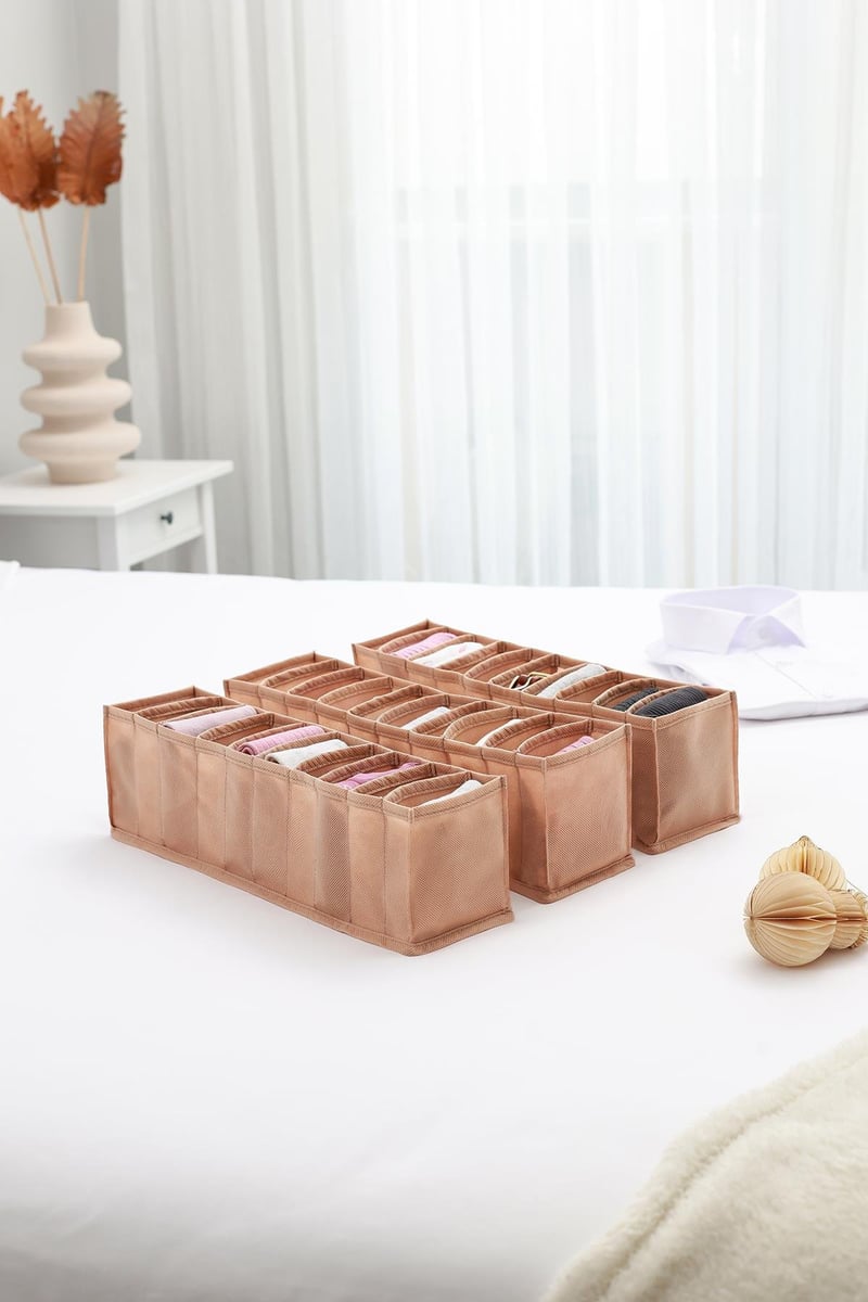 Rek Home 3'lü Set Bej 10 Bölmeli Dolap Çekmece İçi Akordiyon Tipi Katlanır Çamaşır Düzenleyici Organizer