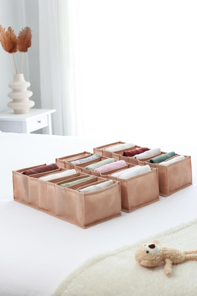 Rek Home 3'lü Set Bej 8 Bölmeli Dolap Çekmece İçi Akordiyon Tipi Katlanır Çamaşır Düzenleyici Organizer