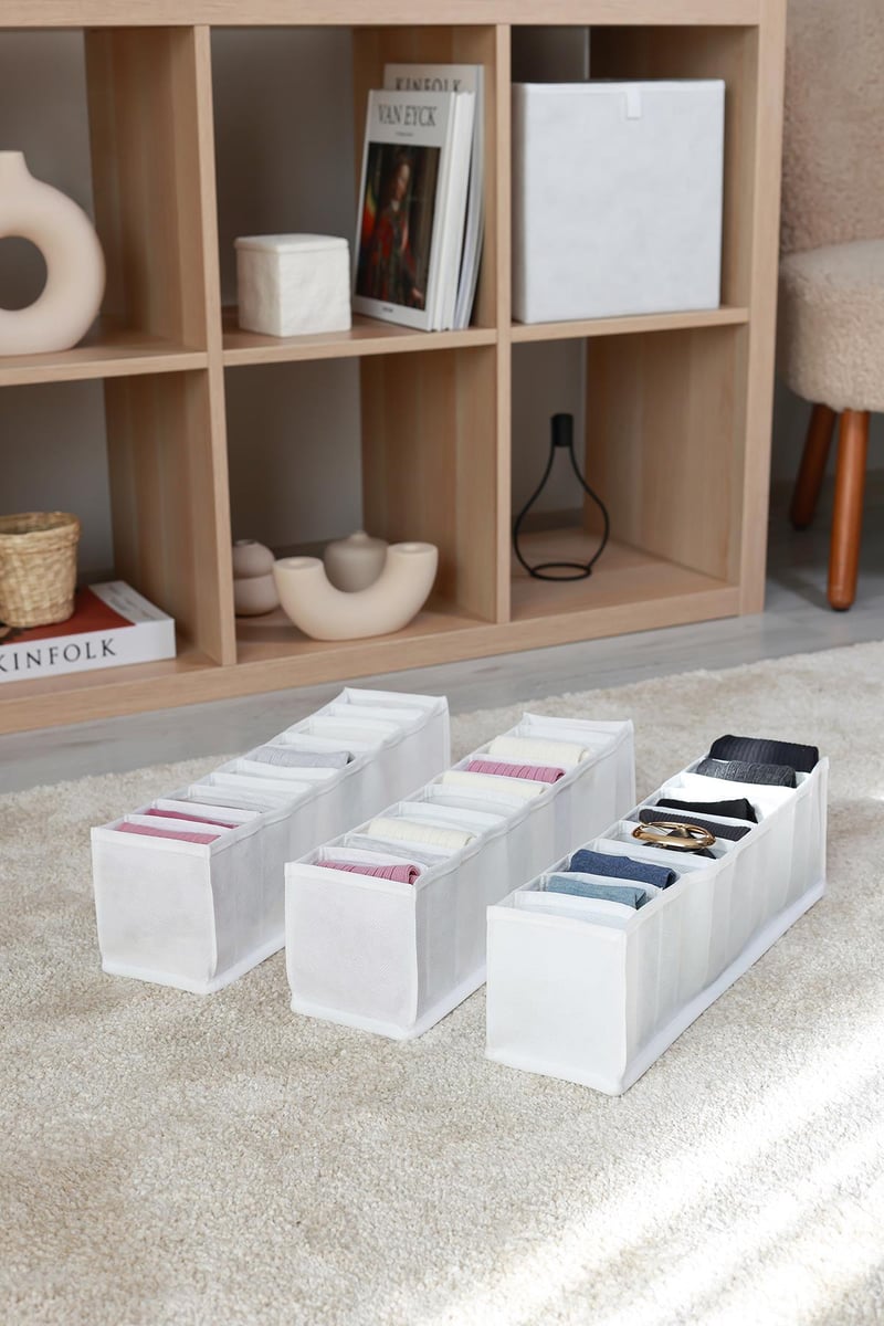 Rek Home 3'lü Set Beyaz 10 Bölmeli Dolap Çekmece İçi Akordiyon Tipi Katlanır Çamaşır Düzenleyici Organizer