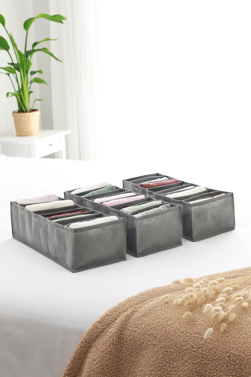 Rek Home 3'lü Set Gri 8 Bölmeli Dolap Çekmece İçi Akordiyon Tipi Katlanır Çamaşır Düzenleyici Organizer