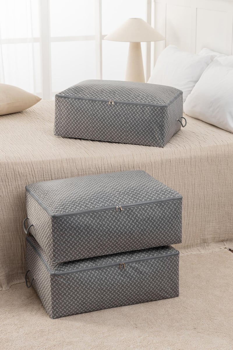 REKHOME 3 Adet Büyük Boy Balıksırtı Desenli Gri Baza Altı Yastık Yorgan Kazak Hurcu 62x46x22