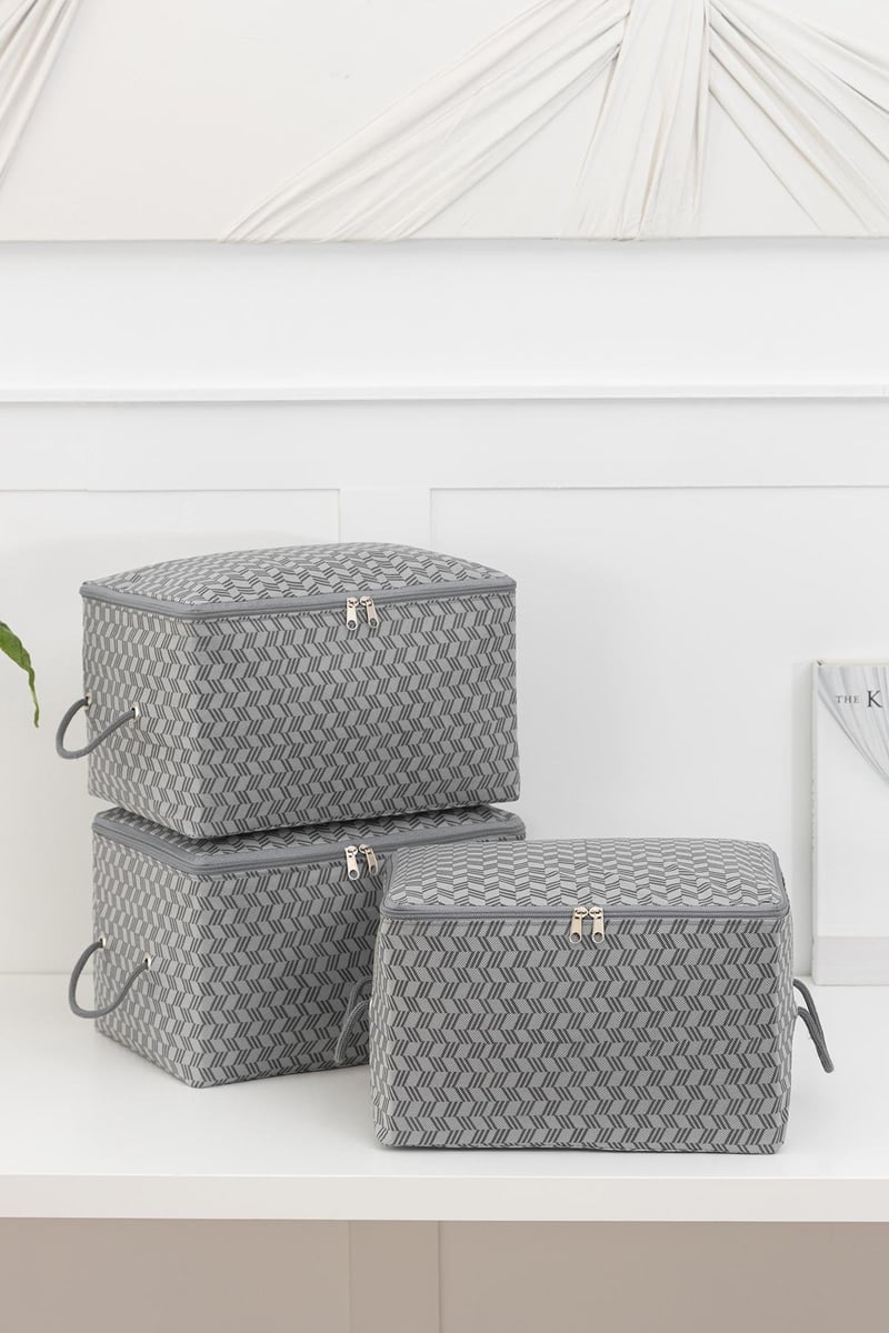 REKHOME 3lü Balıksırtı Desenli Gri Küçük Boy Baza Altı, Valiz Düzenleyici Hurç / 30x22x18