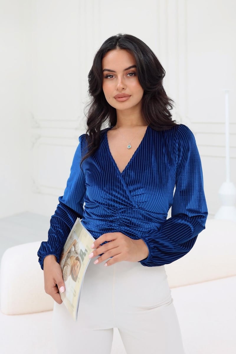 PARLAK FİTİL KADİFE BLUZ - SAKS