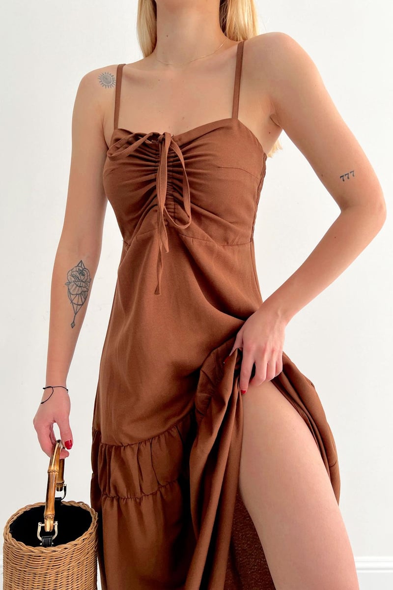Shirred Front Dress Brown