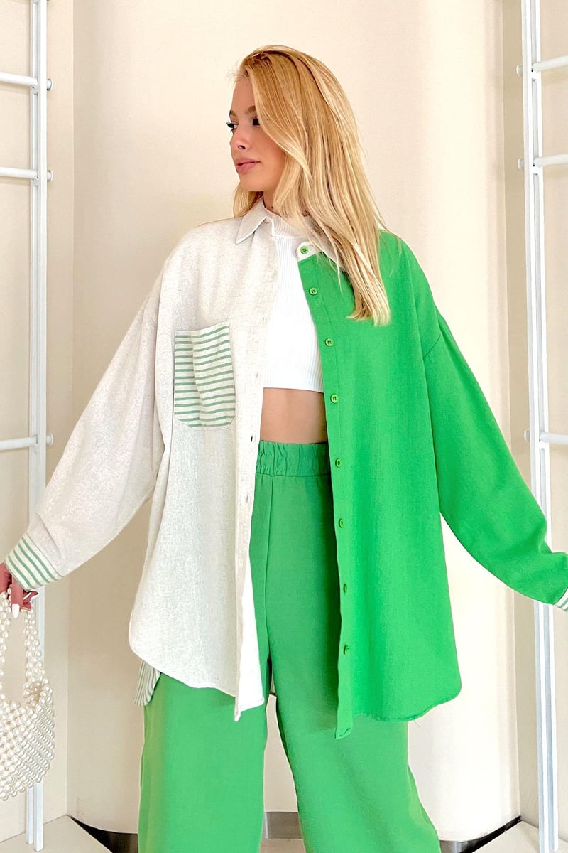 Colorful Oversize Keten Gömlek Yeşil