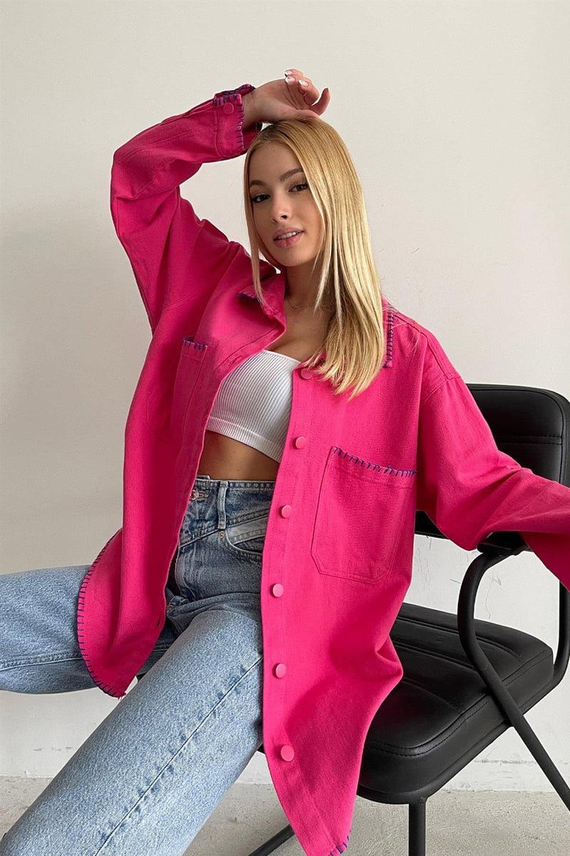 Stitch Detail Thick Linen Shirt Fuchsia