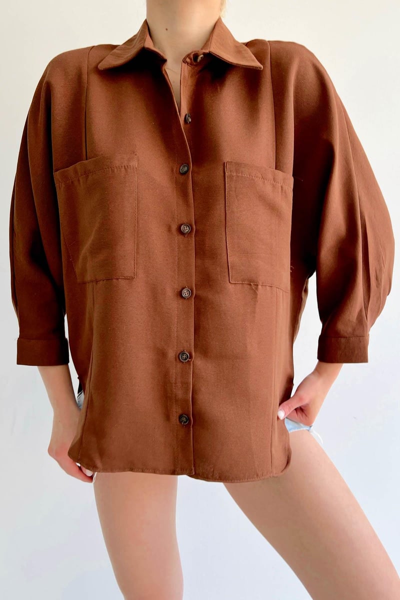 Three Quarter Sleeve Side Detailed Shirt Brown
